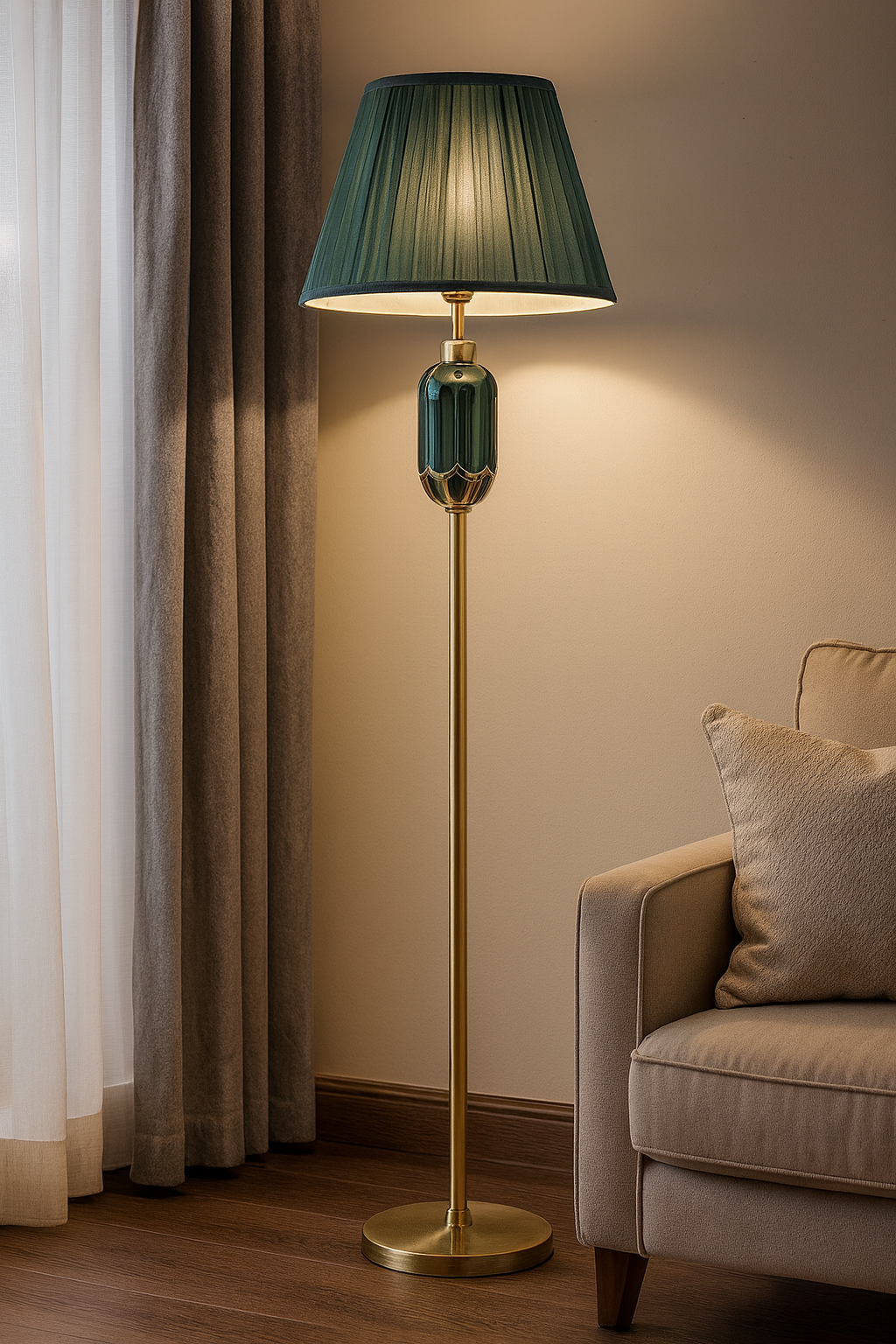 HDC Luxe Emerald Green Shade Brass Floor Lamp For Living
