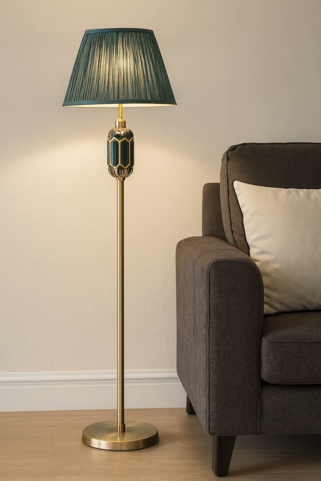 HDC Luxe Emerald Green Shade Brass Floor Lamp For Living