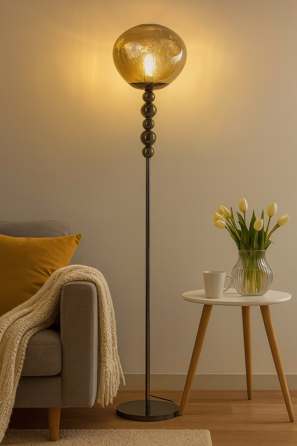 HDC Smoky Glass Orb Floor Lamp With Premium Metal Stand with Sculpted Sphere Column