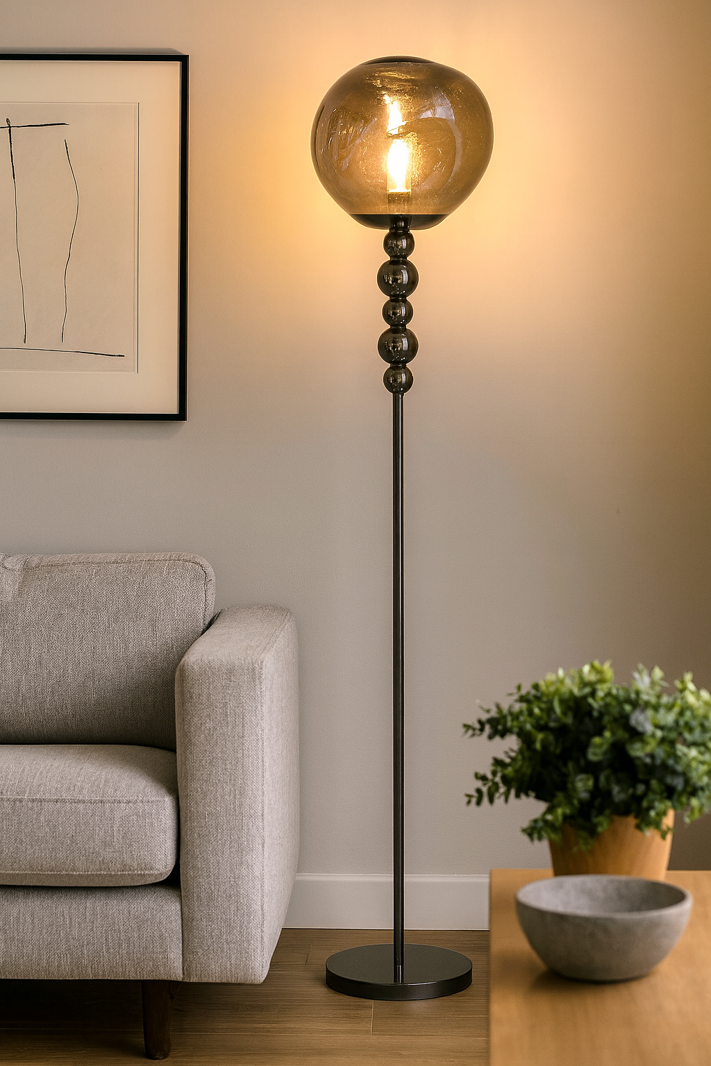 HDC Smoky Glass Orb Floor Lamp With Premium Metal Stand with Sculpted Sphere Column