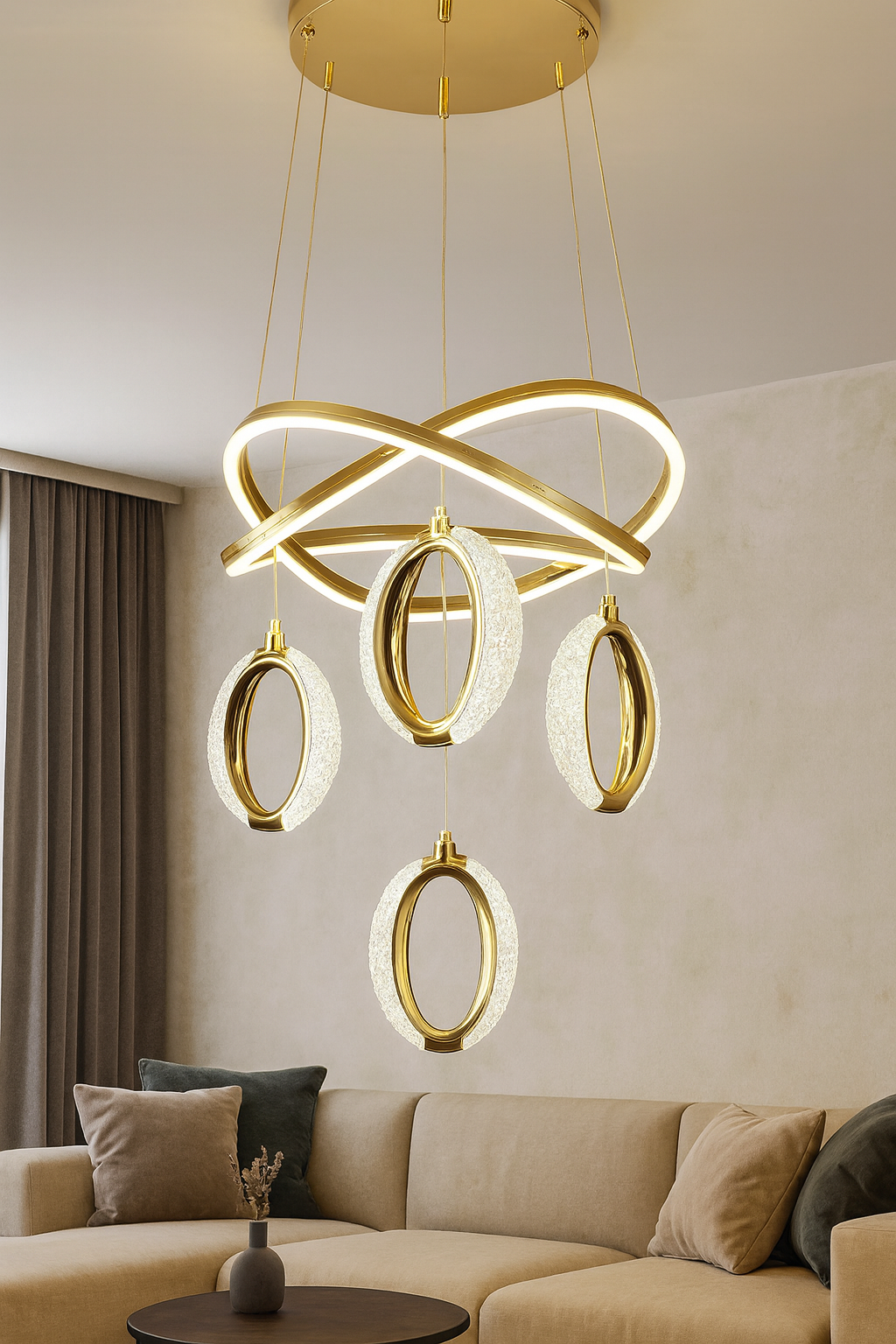 HDC 4-Ring Infinity Crystal Oval LED Hanging Light For Dining, Living Room