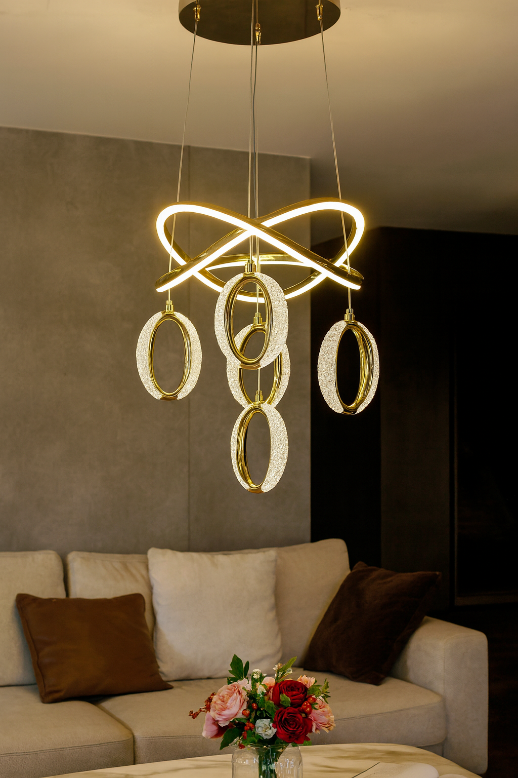 HDC 4-Ring Infinity Crystal Oval LED Hanging Light For Dining, Living Room