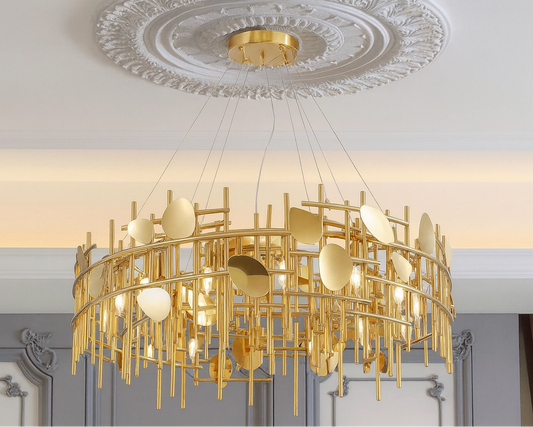 HDC 800mm Gold Designer Artistic Metal Discs Premium Ceiling Chandelier For Dining & Living Room