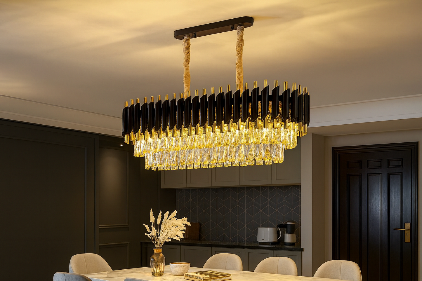 HDC 1200mm Rectangular Black & Gold Crystal Chandelier with Layer Cut Crystal For Modern Dining & Living Room