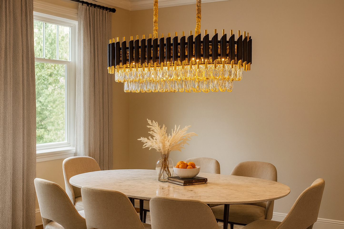 HDC 1200mm Rectangular Black & Gold Crystal Chandelier with Layer Cut Crystal For Modern Dining & Living Room