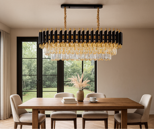 HDC 1200mm Rectangular Black & Gold Crystal Chandelier with Layer Cut Crystal For Modern Dining & Living Room