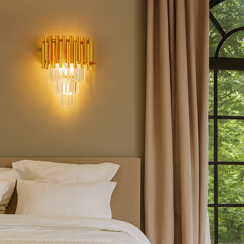 HDC Gold Finish Crystal LED Wall Light for Living Room & Bedroom- Tricolor