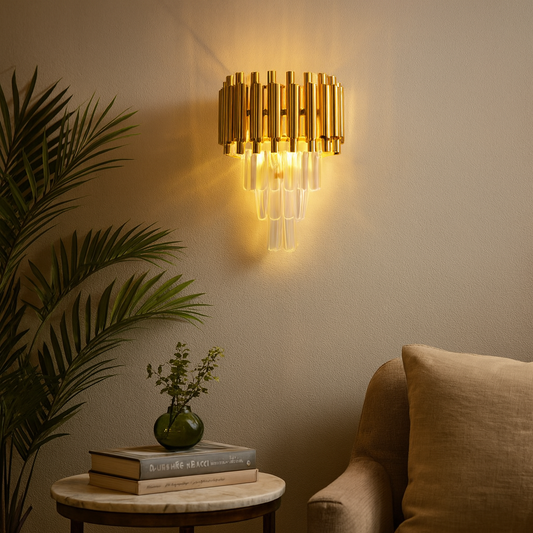 HDC Gold Finish Crystal LED Wall Light for Living Room & Bedroom- Tricolor