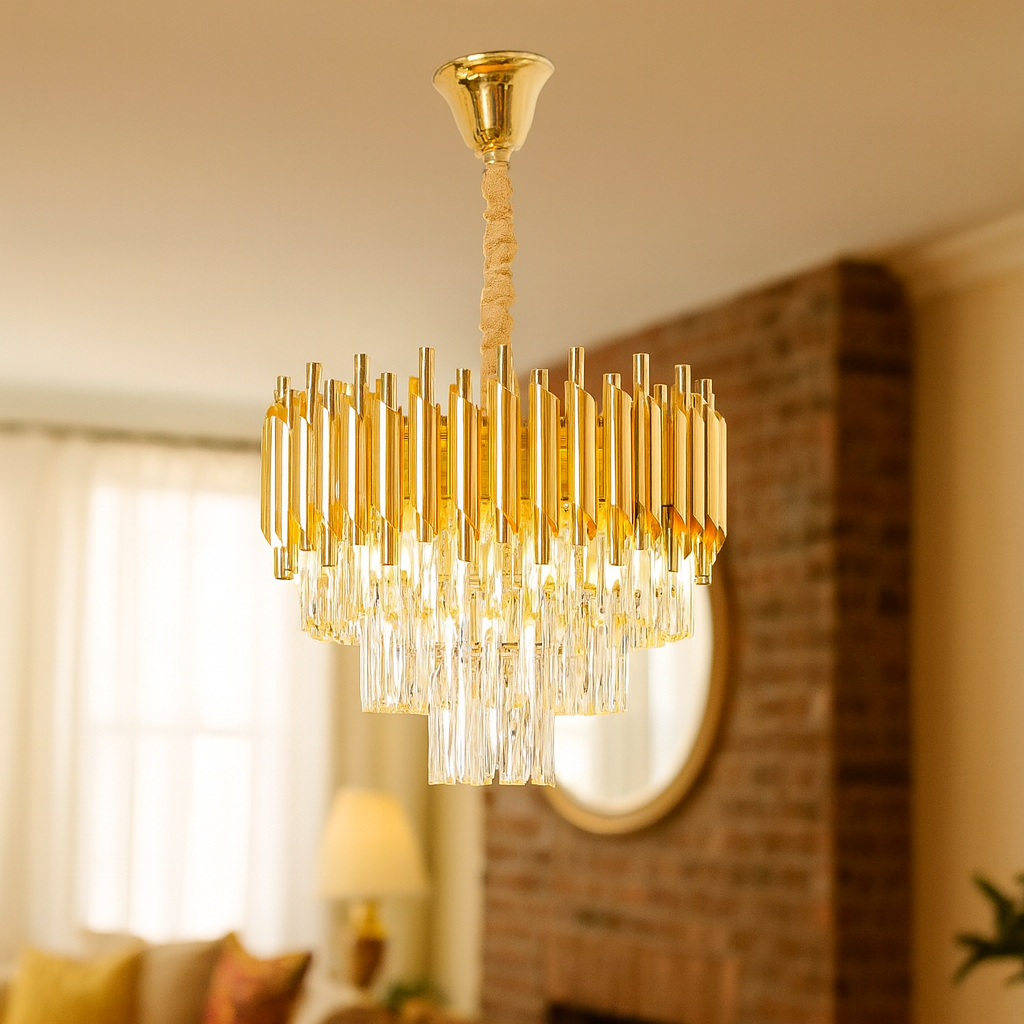 HDC 600mm Modern Premium Gold Frame with Multi-Layer Crystal Drop Chandelier for Living Room, Dining, Bedroom