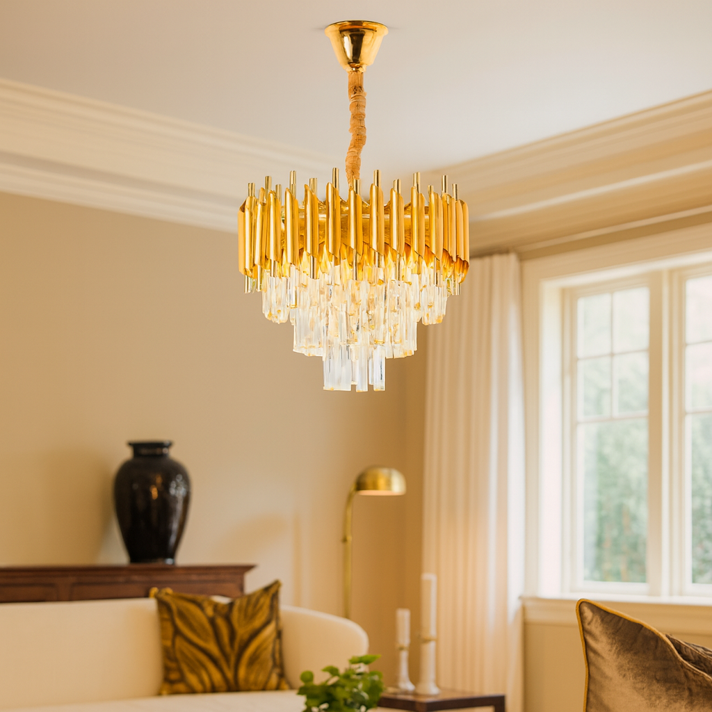 HDC 600mm Modern Premium Gold Frame with Multi-Layer Crystal Drop Chandelier for Living Room, Dining, Bedroom