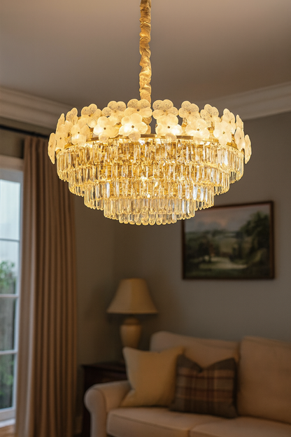 HDC Modern Flower Gold Frame with Multi-Layer Crystal Drops Crystal Chandelier for Living Room, Dining, Bedroom