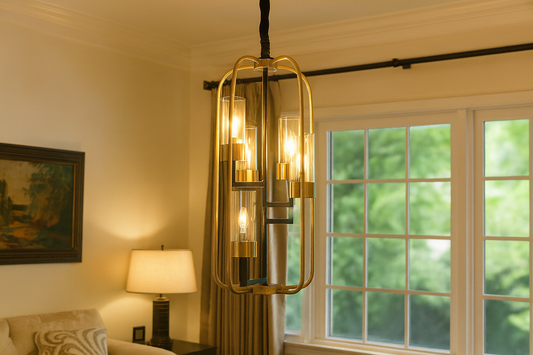 HDC Modern Gold & Black 6-Light Cage Chandelier with Glass Shades For Bedrooms, Hallways & Living Rooms