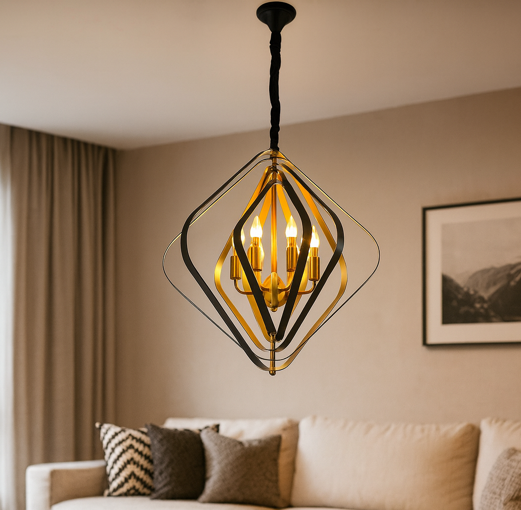 HDC Modern Geometric 6-Light Gold & Black Sculpted Metal Frame Chandelier For Living Room, Dining & Foyer