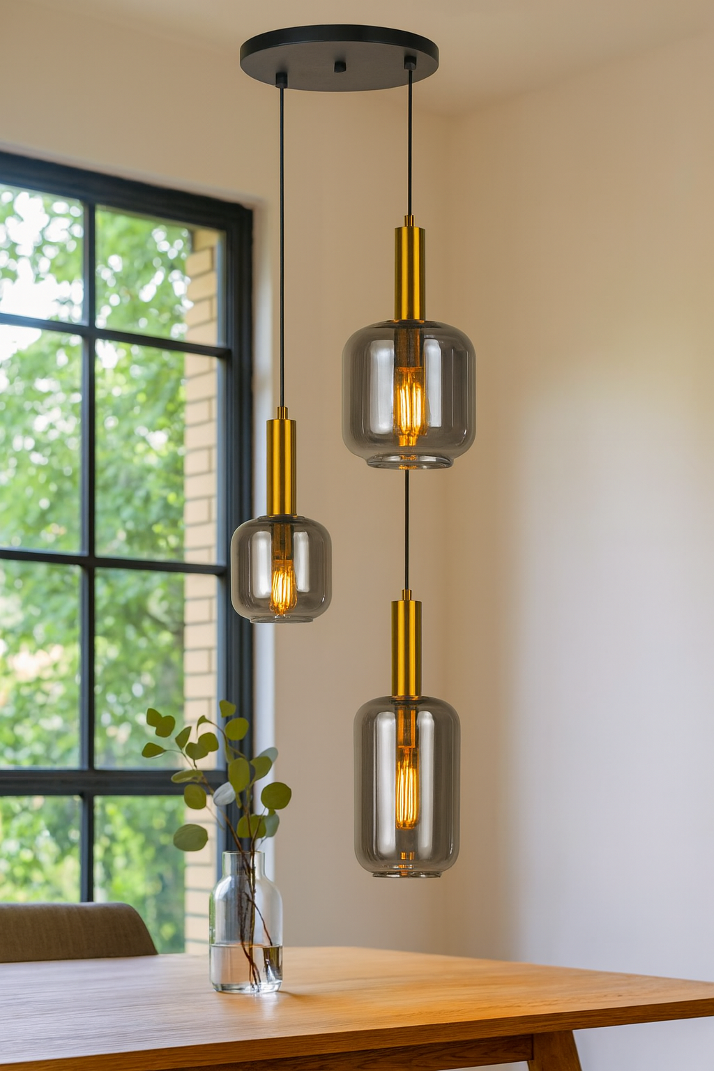 HDC Modern Smokey Glass Hanging Pendant Chandelier Light For Kitchen Living Room Bedroom Set of 3