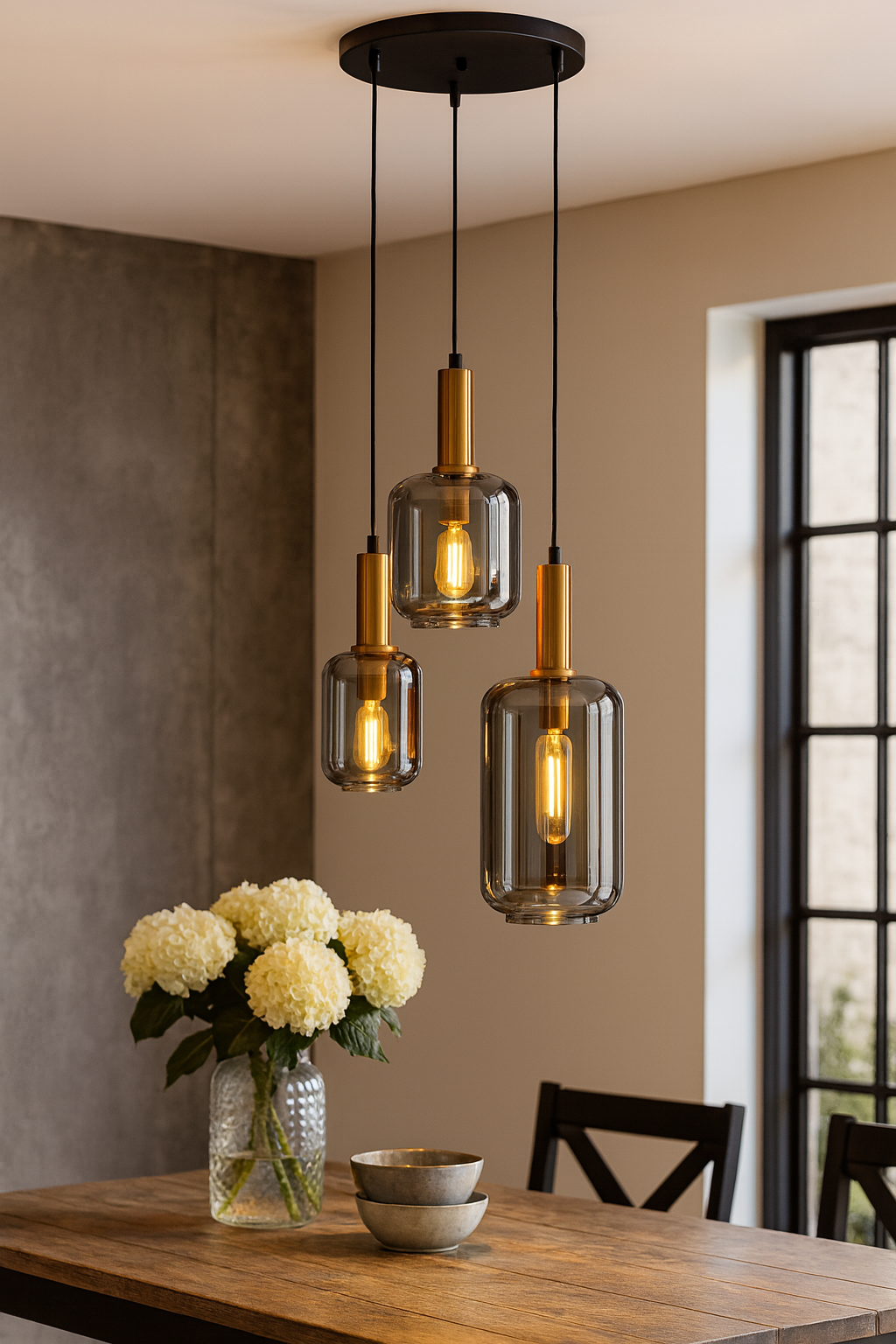 HDC Modern Smokey Glass Hanging Pendant Chandelier Light For Kitchen Living Room Bedroom Set of 3