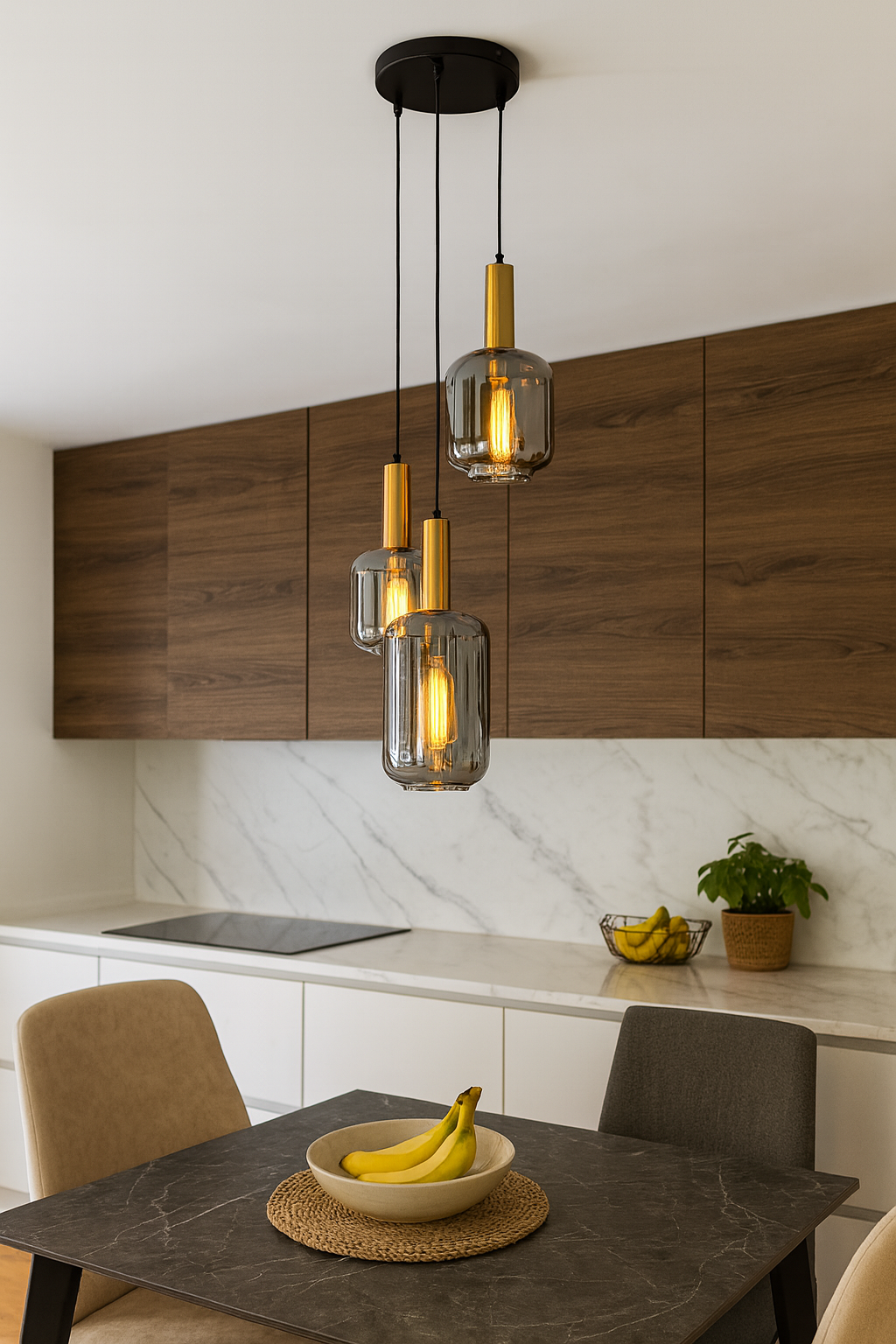 HDC Modern Smokey Glass Hanging Pendant Chandelier Light For Kitchen Living Room Bedroom Set of 3