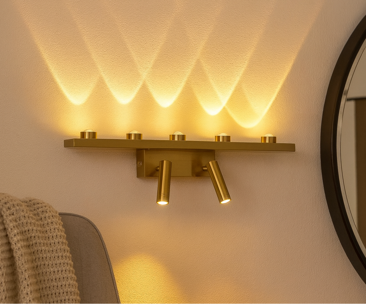 HDC 11W Modern Gold Linear LED Wall Light with Dual Adjustable Spot Heads for Living Room, Bedroom & Hallway