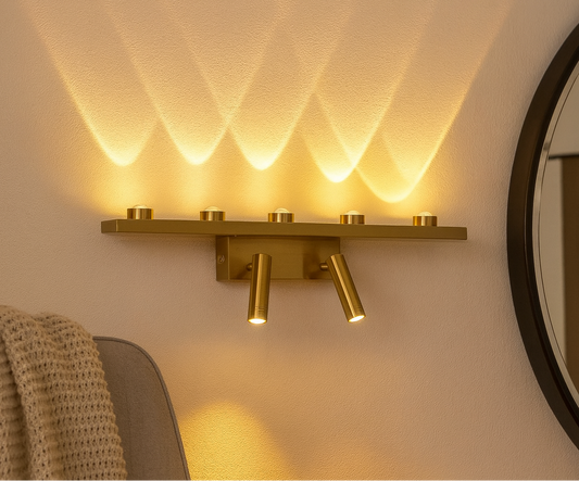 HDC 11W Modern Gold Linear LED Wall Light with Dual Adjustable Spot Heads for Living Room, Bedroom & Hallway