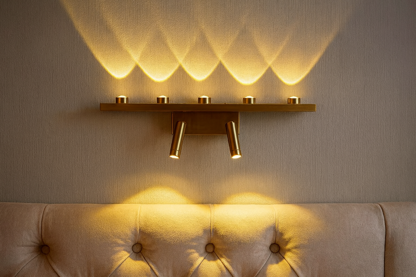 HDC 11W Modern Gold Linear LED Wall Light with Dual Adjustable Spot Heads for Living Room, Bedroom & Hallway