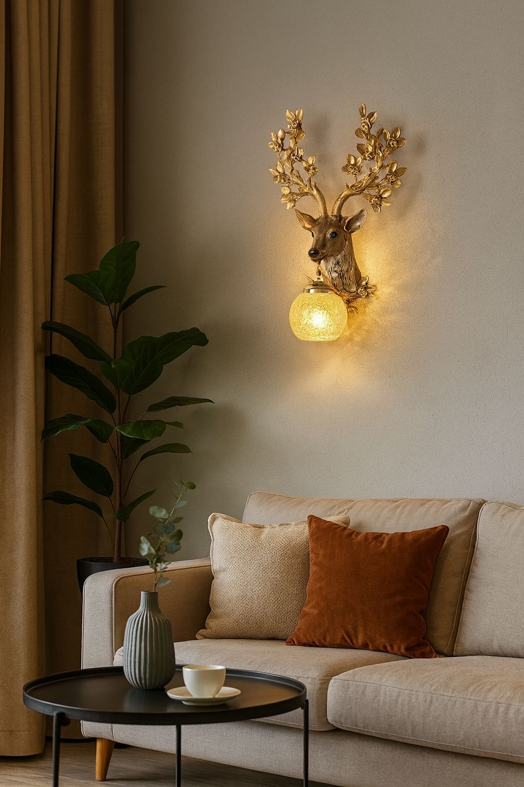 HDC Antique Gold Stag Wall Light with Textured Glass Globe