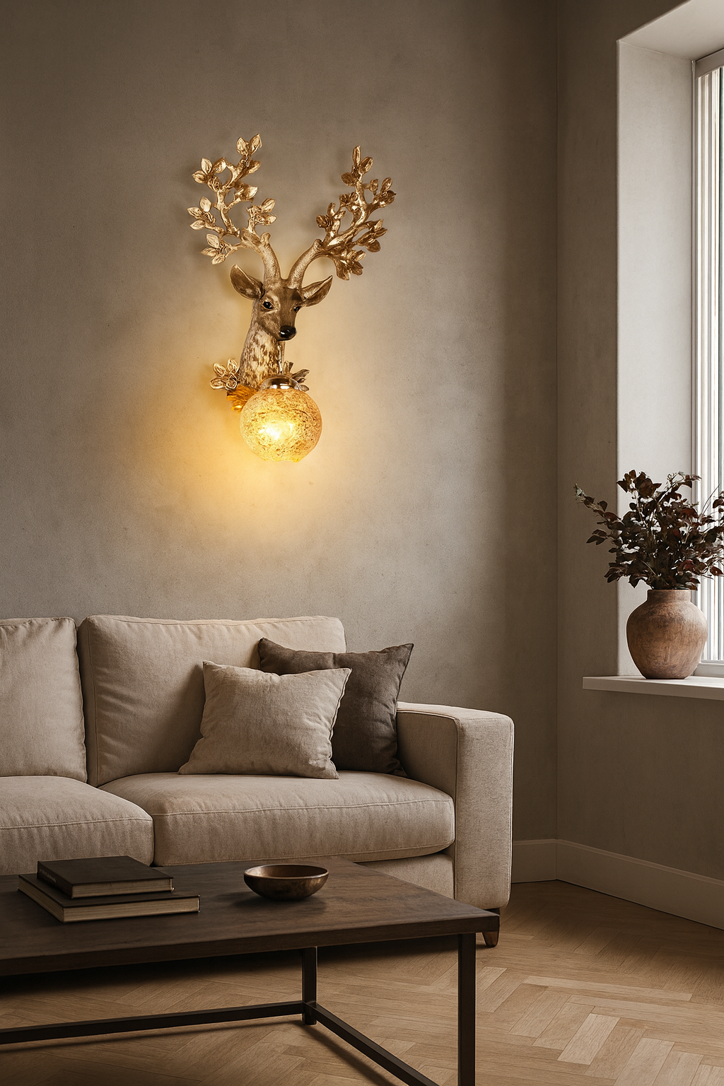 HDC Antique Gold Stag Wall Light with Textured Glass Globe