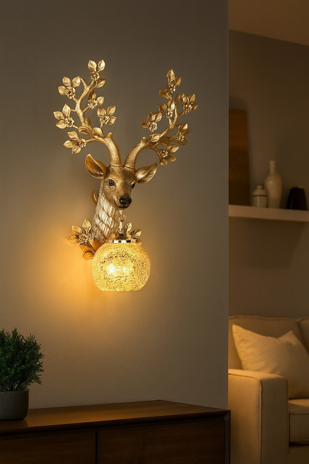 HDC Antique Gold Stag Wall Light with Textured Glass Globe
