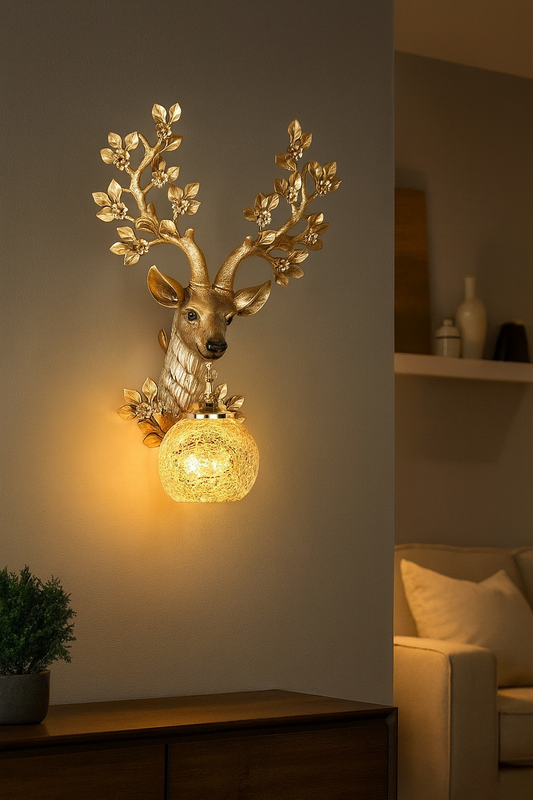 HDC Antique Gold Stag Wall Light with Textured Glass Globe