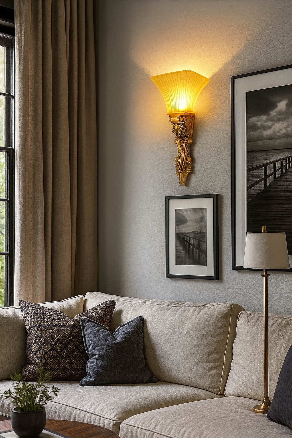 HDC Classic Antique Gold Wall Sconce with Textured Amber Glass Shade Wall Light for Living Room, Bedroom & Hallway