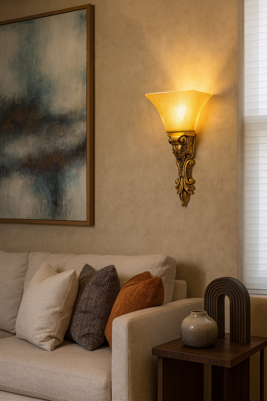 HDC Classic Antique Gold Wall Sconce with Textured Amber Glass Shade Wall Light for Living Room, Bedroom & Hallway