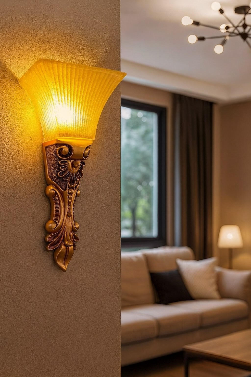 HDC Classic Antique Gold Wall Sconce with Textured Amber Glass Shade Wall Light for Living Room, Bedroom & Hallway