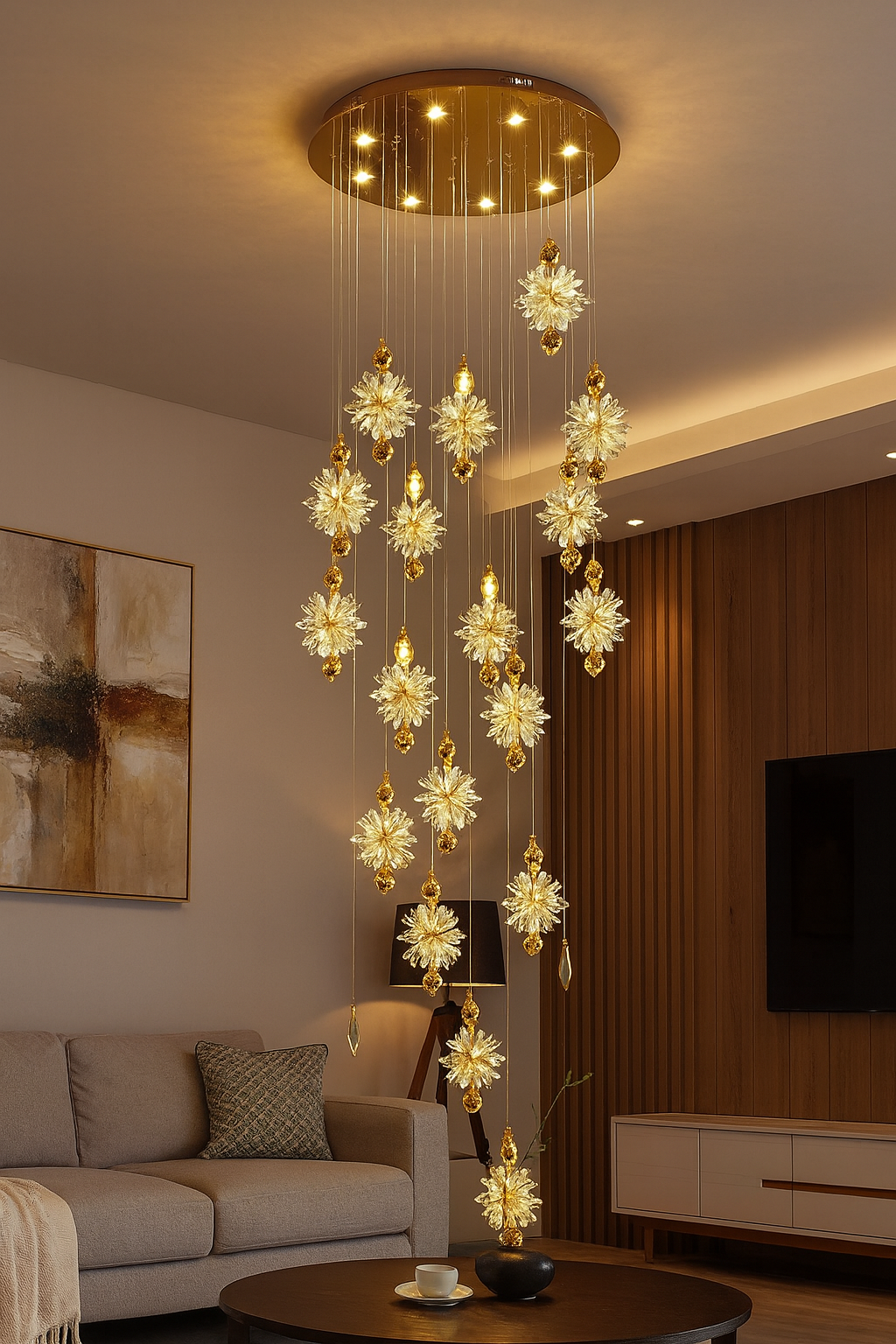 HDC 20 Lights Luxury Cascading Crystal Staircase Double Height Chandelier