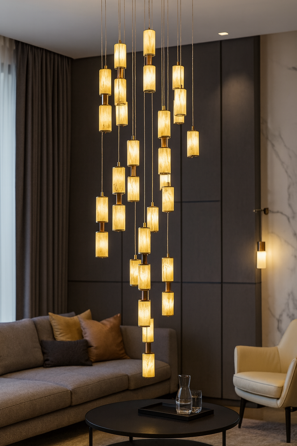 HDC 18 Lights Imperial Marble Finish Tube Double Height Stair Chandelier