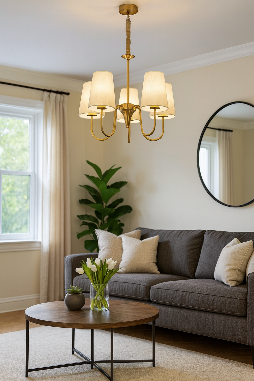 HDC 5 Lights Classic Fabric Shade Chandelier in Gold Finish For Living Room