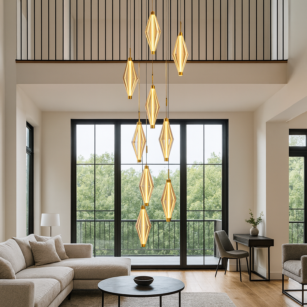 HDC Modern 9-Light Golden Glass Pendant Chandelier for Living Room, Staircase & Double-Height Spaces