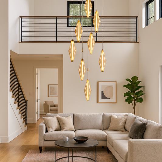 HDC Modern 9-Light Golden Glass Pendant Chandelier for Living Room, Staircase & Double-Height Spaces