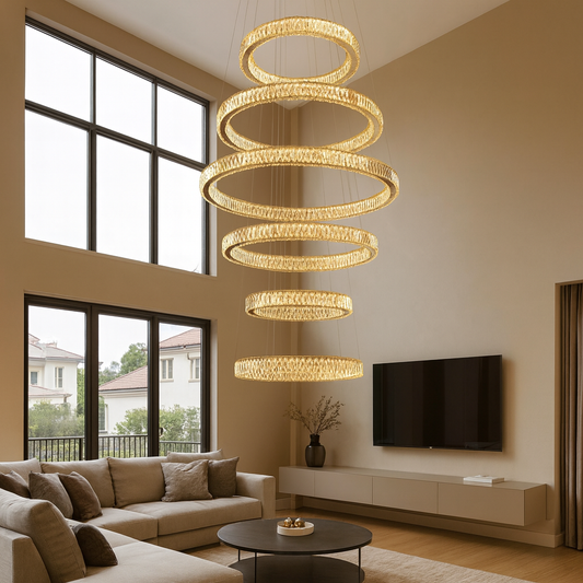 HDC Luxury Multi-Ring Crystal Chandelier with Amber Crystals & Gold Finish Adjustable Suspension Double Height Staircase Chandelier