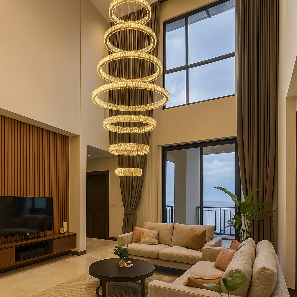 HDC Luxury Multi-Ring Crystal Chandelier with Amber Crystals & Gold Finish Adjustable Suspension Double Height Staircase Chandelier