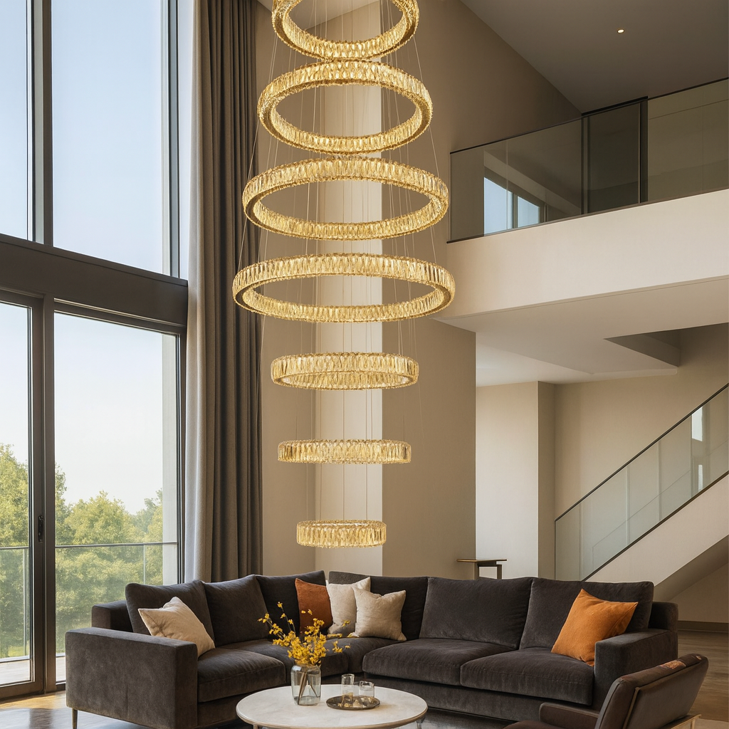 HDC Luxury Multi-Ring Crystal Chandelier with Amber Crystals & Gold Finish Adjustable Suspension Double Height Staircase Chandelier