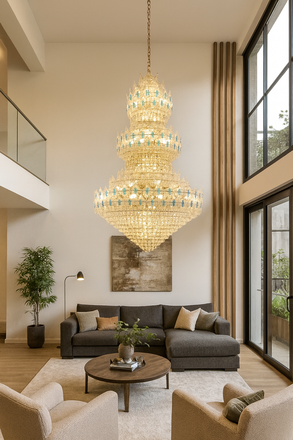 Hdc 1800mm Premium Multi-Tier Crystal Double Chandelier with Blue Crystal Highlights for Hall, Staircase