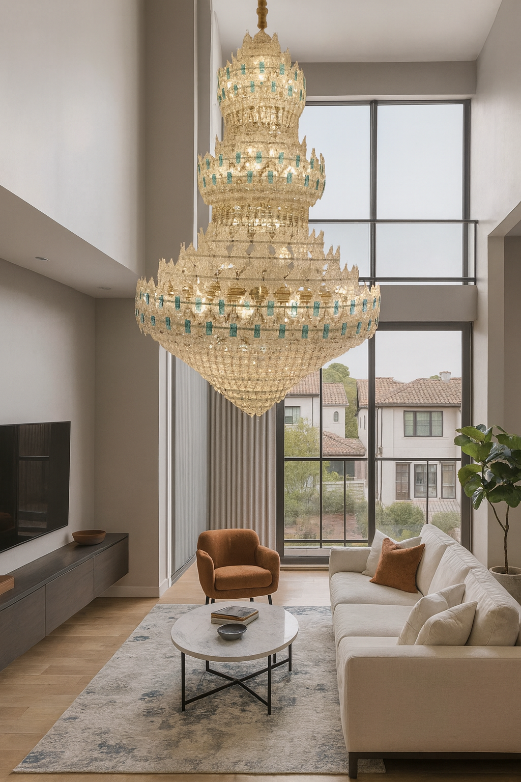 Hdc 1800mm Premium Multi-Tier Crystal Double Chandelier with Blue Crystal Highlights for Hall, Staircase