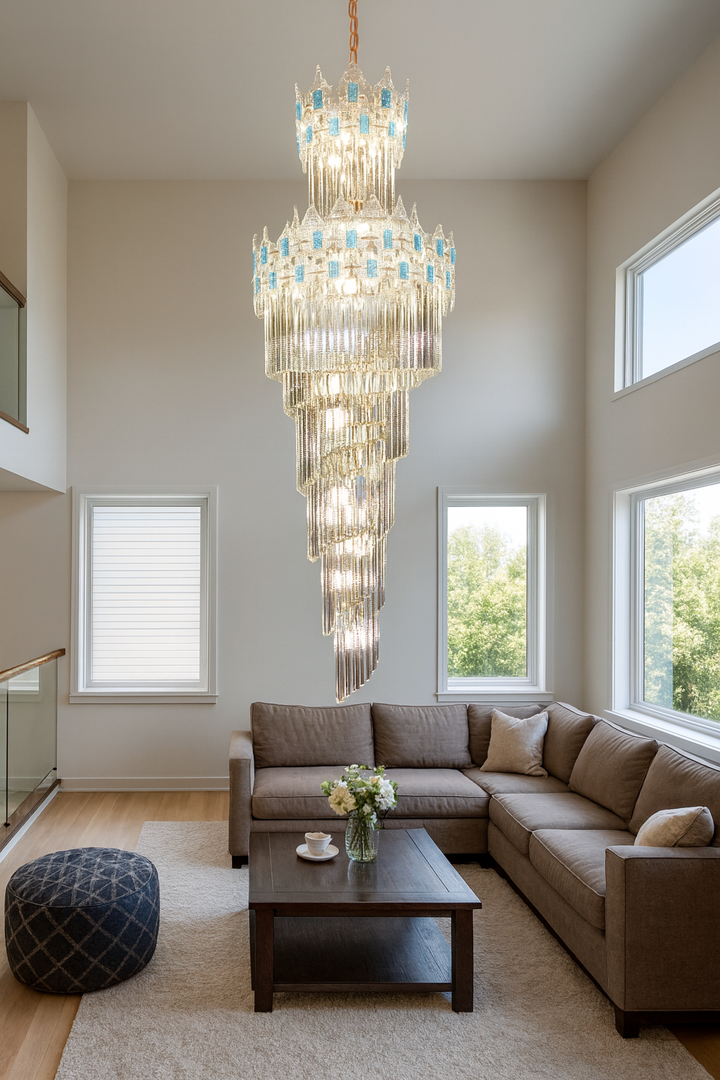 HDC 1800mm Luxury Double-Tier Designer Crystal Doublr Height Chandelier with Blue Accent Glass For Drawing Room, Staircase