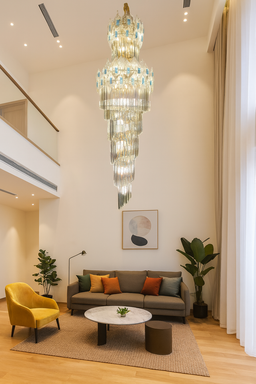 HDC 1800mm Luxury Double-Tier Designer Crystal Doublr Height Chandelier with Blue Accent Glass For Drawing Room, Staircase