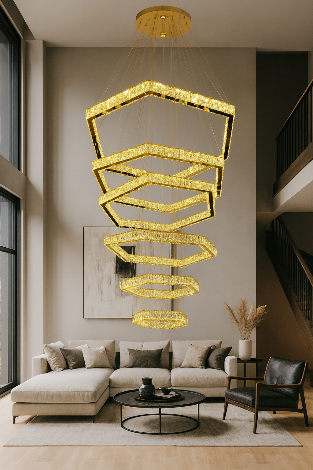 HDC Luxury 8 Rings Hexagonal Crystal Chandelier for Double Height Space, Staircase