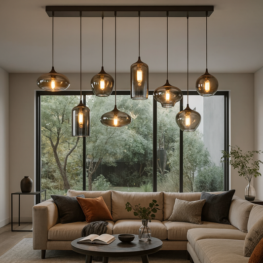 HDC Modern 8-Light Smoked Glass Matte Black Finish Linear Glass Pendant Chandelier For Dining, Living Room