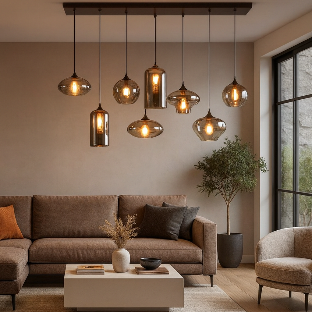 HDC Modern 8-Light Smoked Glass Matte Black Finish Linear Glass Pendant Chandelier For Dining, Living Room