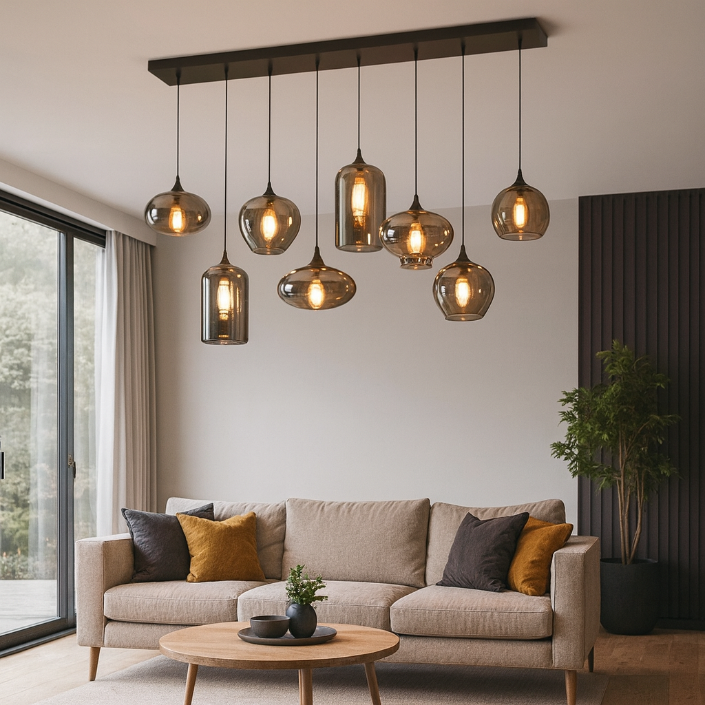 HDC Modern 8-Light Smoked Glass Matte Black Finish Linear Glass Pendant Chandelier For Dining, Living Room