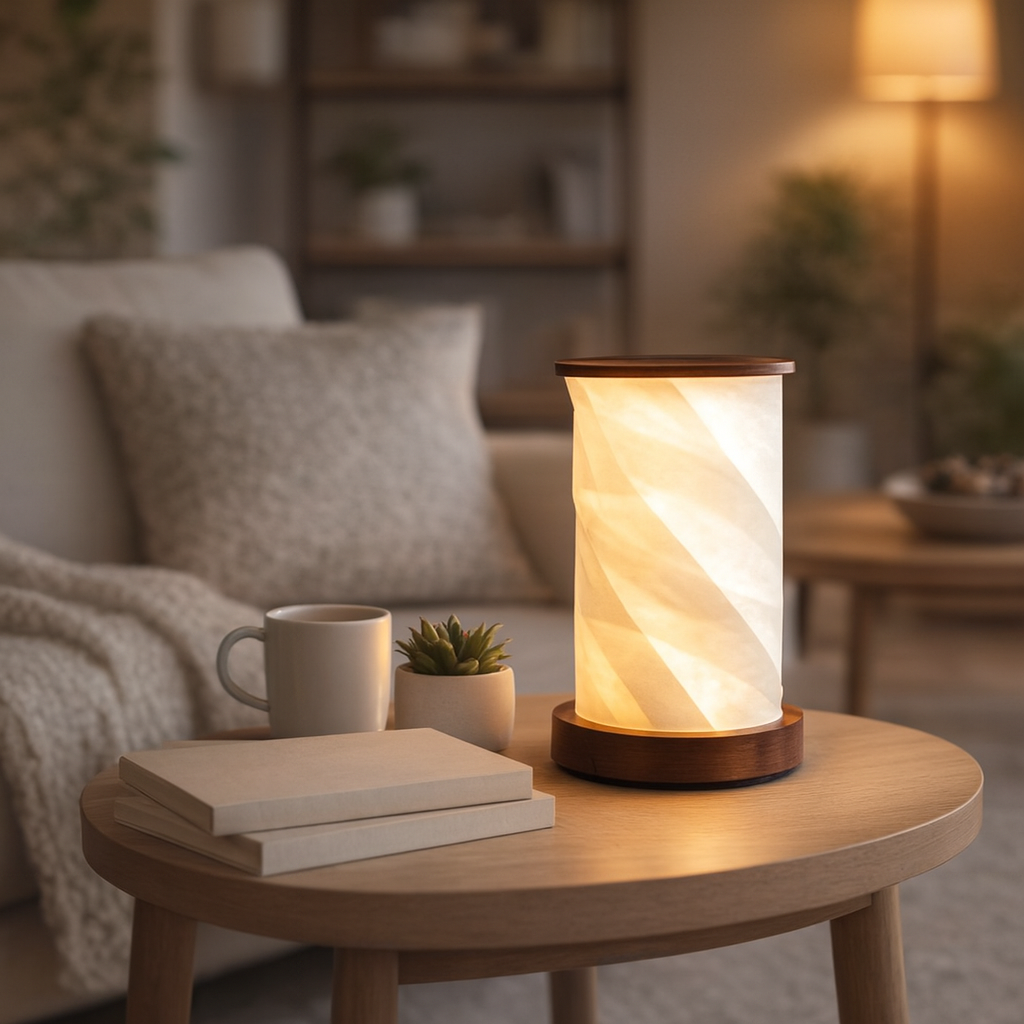 HDC Rotating Table Lamp with Solid Walnut Wood Base and Specialty Paper Shade