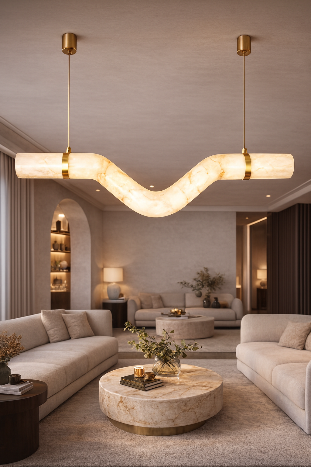 HDC 1200mm Modern Wave Imitated Marble Pendant Light Luxury Alabaster Ceiling Chandelier with Brass Finish Designer LED Hanging Light for Living Room, Dining Area & Bedroom