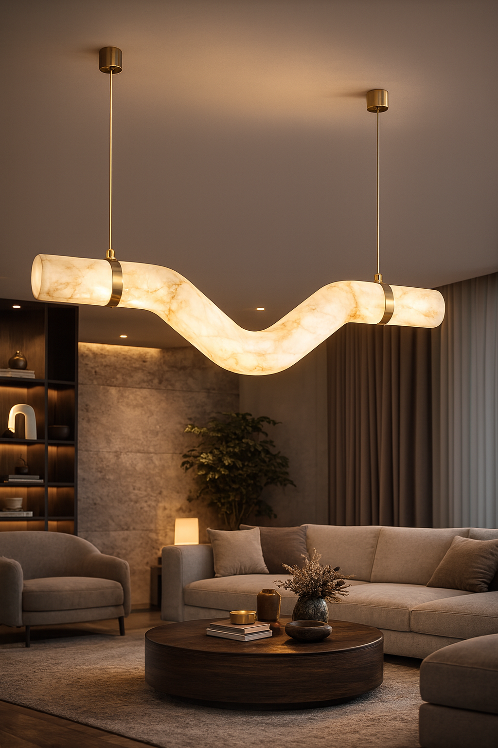 HDC 1200mm Modern Wave Imitated Marble Pendant Light Luxury Alabaster Ceiling Chandelier with Brass Finish Designer LED Hanging Light for Living Room, Dining Area & Bedroom