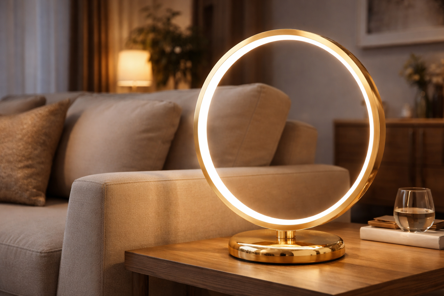 HDC Modern Gold Ring LED Minimal Circular Designer Table Light for Bedroom, Living Room & Side Table